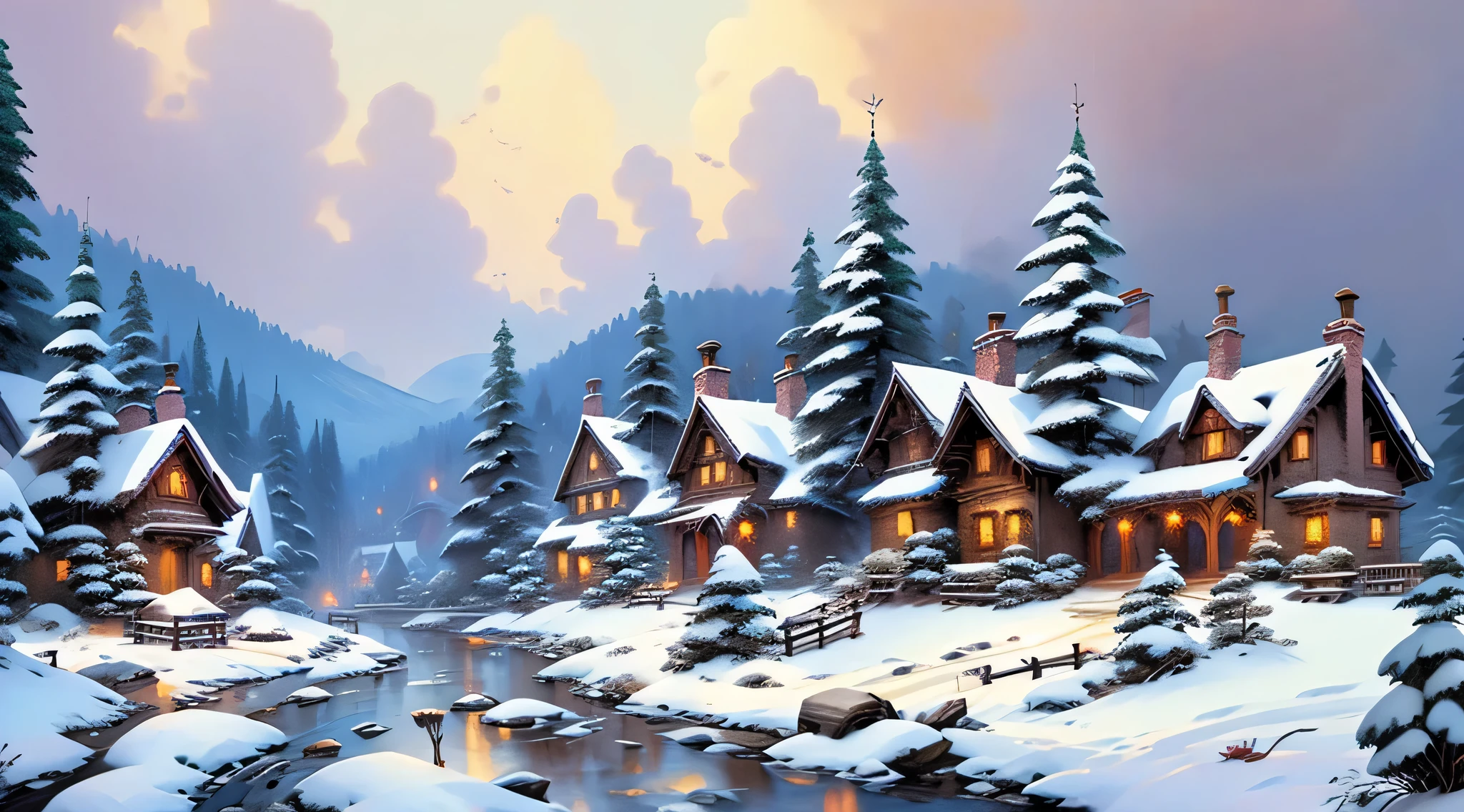 Snowy village, houses covered in snow, snow covered trees, High Quality, Elaborate depictions, Detailed expression