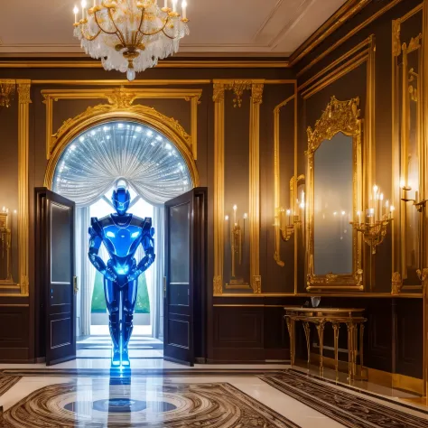 finest image, 8k, RAW photo, realistic, detailed, delicate, flashy and dynamic depiction, a robot butler that shines in iridescent gold, a streamlined form with no corners, one eye that shines blue, formal wear, background large entrance hall of a mansion,...