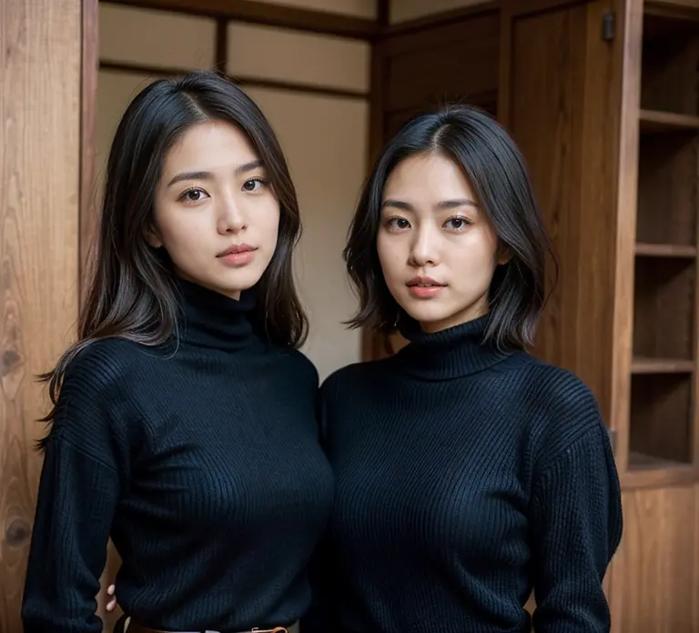 Two Japan women at the age of 28、Transcendent beauty、Wearing a close-fitting black turtleneck sweater