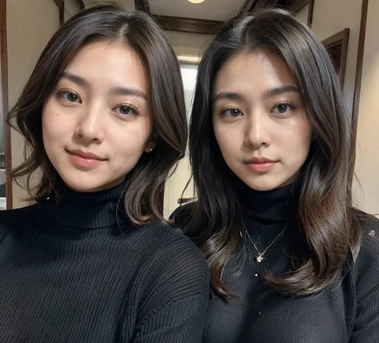 Two Japan women at the age of 28、Transcendent beauty、Wearing a close-fitting black turtleneck sweater