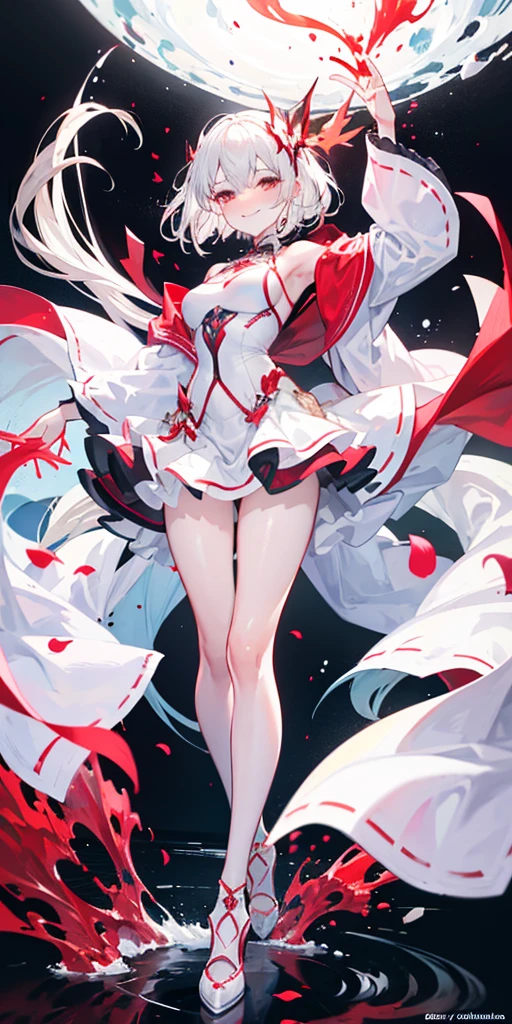 full-body close-up, create an elegant atmosphere), white short skirt, white hair shawl, graceful flowing, elegant movements, lustful smirking smile expression (red blush), floating in the air, (1girl), slim figure)