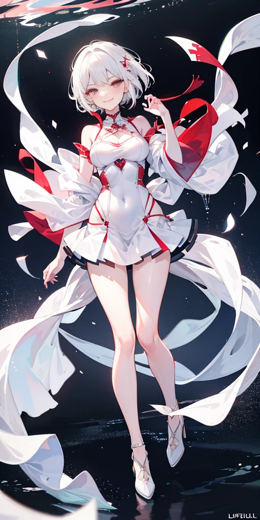 full-body close-up, create an elegant atmosphere), white short skirt, white hair shawl, graceful flowing, elegant movements, lustful smirking smile expression (red blush), floating in the air, (1girl), slim figure)