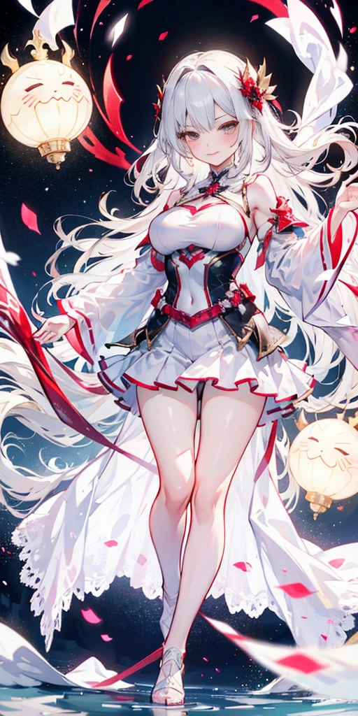 full-body close-up, create an elegant atmosphere), white short skirt, white hair shawl, graceful flowing, elegant movements, lustful smirking smile expression (red blush), floating in the air, (1girl), slim figure)