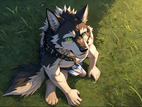 Furry,solo,Shota,pitch black wolf,masculine,Emerald green eyes,sitting on the floor,Turn your head and look up at the sky.,It&#39;s raining.,Raindrops hit the face,Behind is a deserted field.,Sad facial expression,(high angle view),Dynamic images,HDR,4K,Ma...