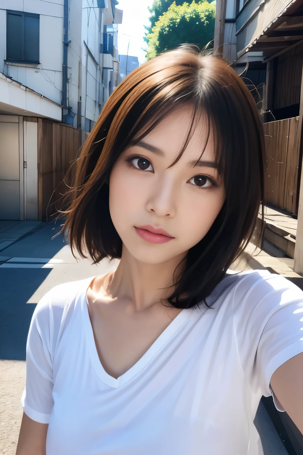 Close up of woman in t-shirt posing for photo, Middle metaverse, Yoshitomo Nara, Japanese Models, Beautiful Asian Girl, With short hair, 2 4 years old female model, 4 K ], 4K], 2 7 years old, sakimichan, sakimichan