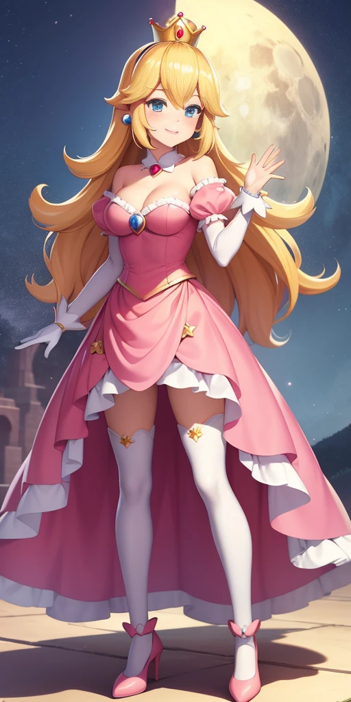 (masterpiece, best quality:1.2), 1girl, solo, (flat color:1.1), (princess peach:1.1), from the mario franchise, pink and gold, long blonde hair, large breasts, pink dress with puffy sleeves, white gloves, pink high heels, blue eyes, gold crown, royal demeanor, standing in the mushroom kingdom, waving with a warm smile, hopeful and kind expression, ( background:0.3), (solid circle eyes:0.7)