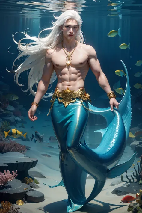 handsome merman with long green hair and mermaid tail - SeaArt Al -  無料AIアート生成器