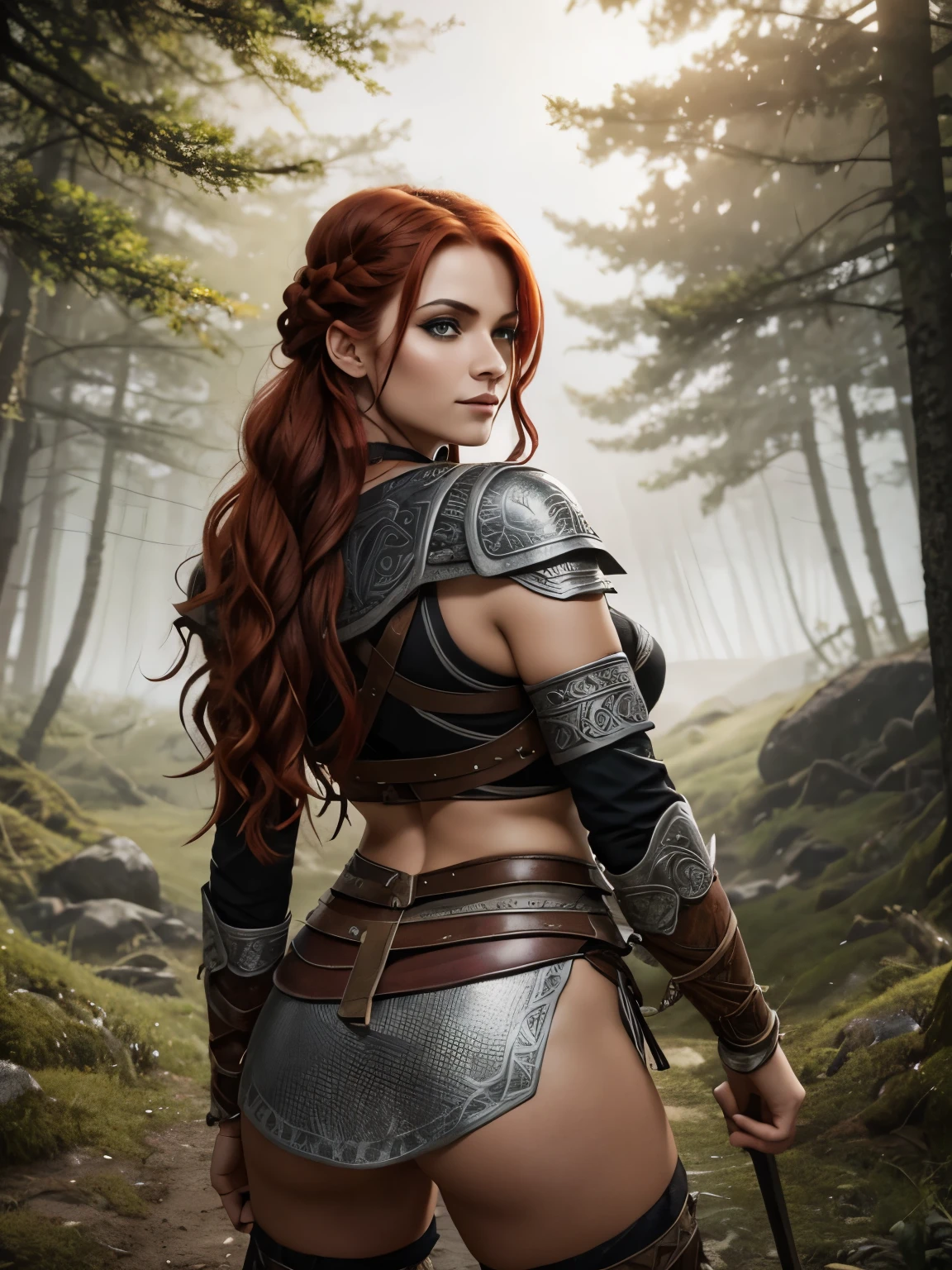 Une belle et sexy femme raider viking vêtue d&#39;une armure de loup, eye-liner épais, fard à paupières épais, beau détail du visage raffiné, yeux clairs, sourire tordu, une lueur espiègle dans ses yeux, jambes parfaites, énergie effrontée, esprit aventureux, Cheveux roux tressés Lucious, de retour d&#39;un raid victorieux, brouillard atmosphérique, lumière ambiante, lumière de jante, une forêt de montagne envahie par la végétation, une grande maison longue,