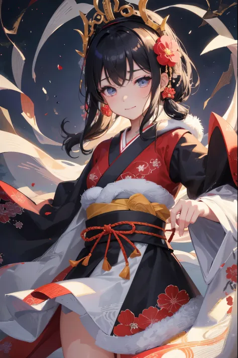 captivating scene featuring a beautiful anime-style girl with distinct features, set against a winter wonderland backdrop. The girl will have black hair styled in a ponytail, single eyelids, and hooded, sultry, deep set, captivating eyes of a striking dark...