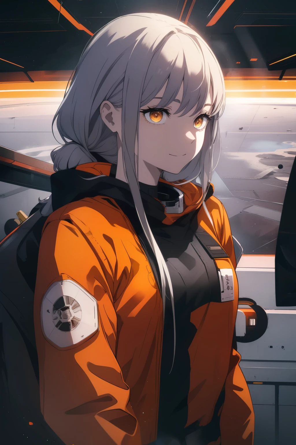 masterpiece, best quality, 1girl, (space), spacecraft, (orange spacesuit), full pose, side angle, science fiction, yellow eyes, twintails, silver hair, (space), cute, ethereal, (slow motion), (standing), (tsundere), ((wide shot, confidant pose)), looking at viewer, wink, cute, smile, teeth, ((gritty)), ((front cover))