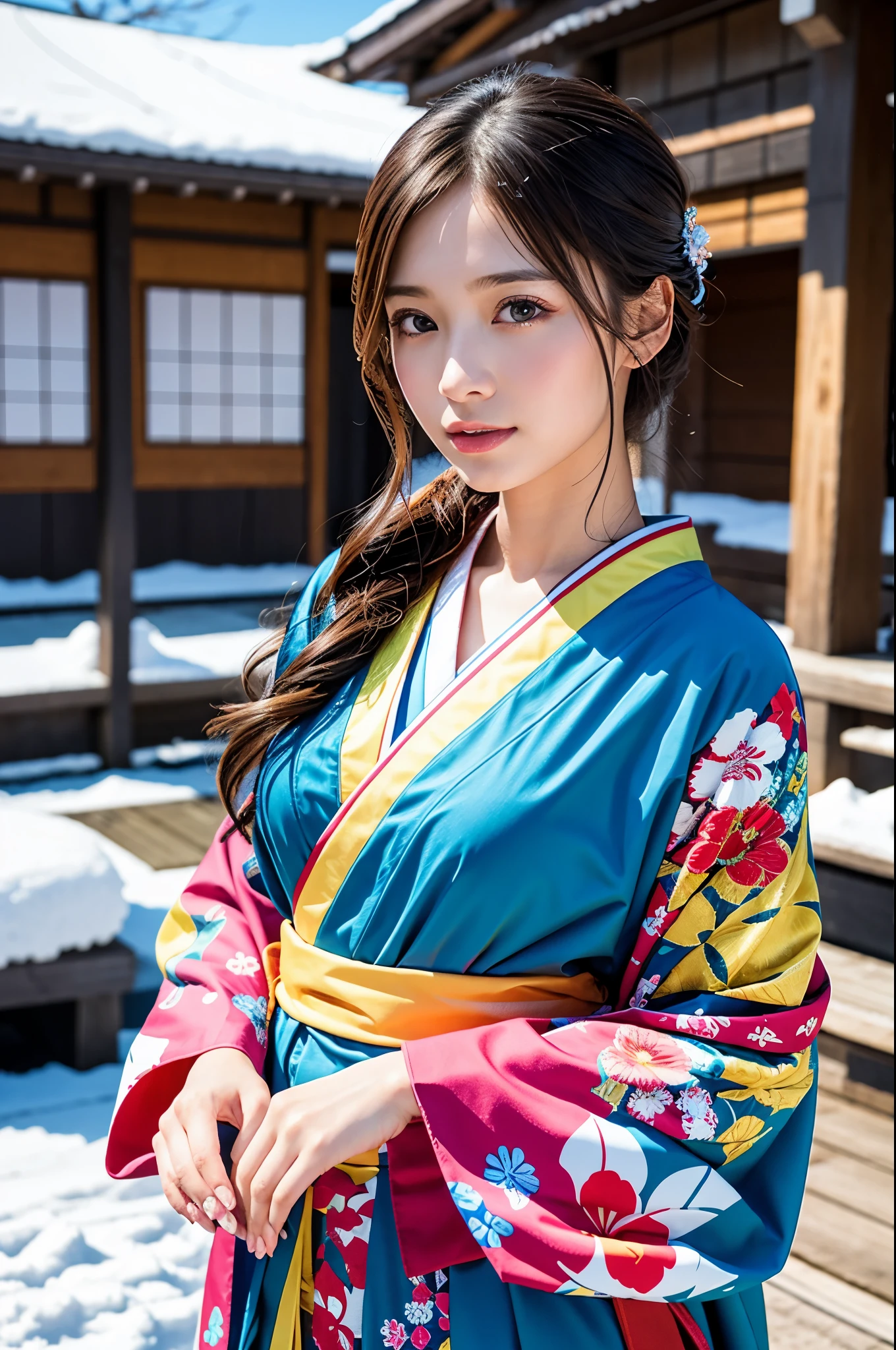 Hot Spring Village in Japan, snowy landscape, 
Fluttering snow, A beautiful Japanese girl in a Vivid kimono, solo, masterpiece, Best Quality, 8K, 32K, (UHD:1.2), (Photorealistic:1.4), full figure, entire body in frame, Extremely cute, elegant, voluptuous, parted lips, cinematic composition, professional warm lighting and shading, extremely detailed eyes and face, eyes with beautiful details, insanely detailed realistic skin texture, (correct body balance, accurate hands, accurate eyes)