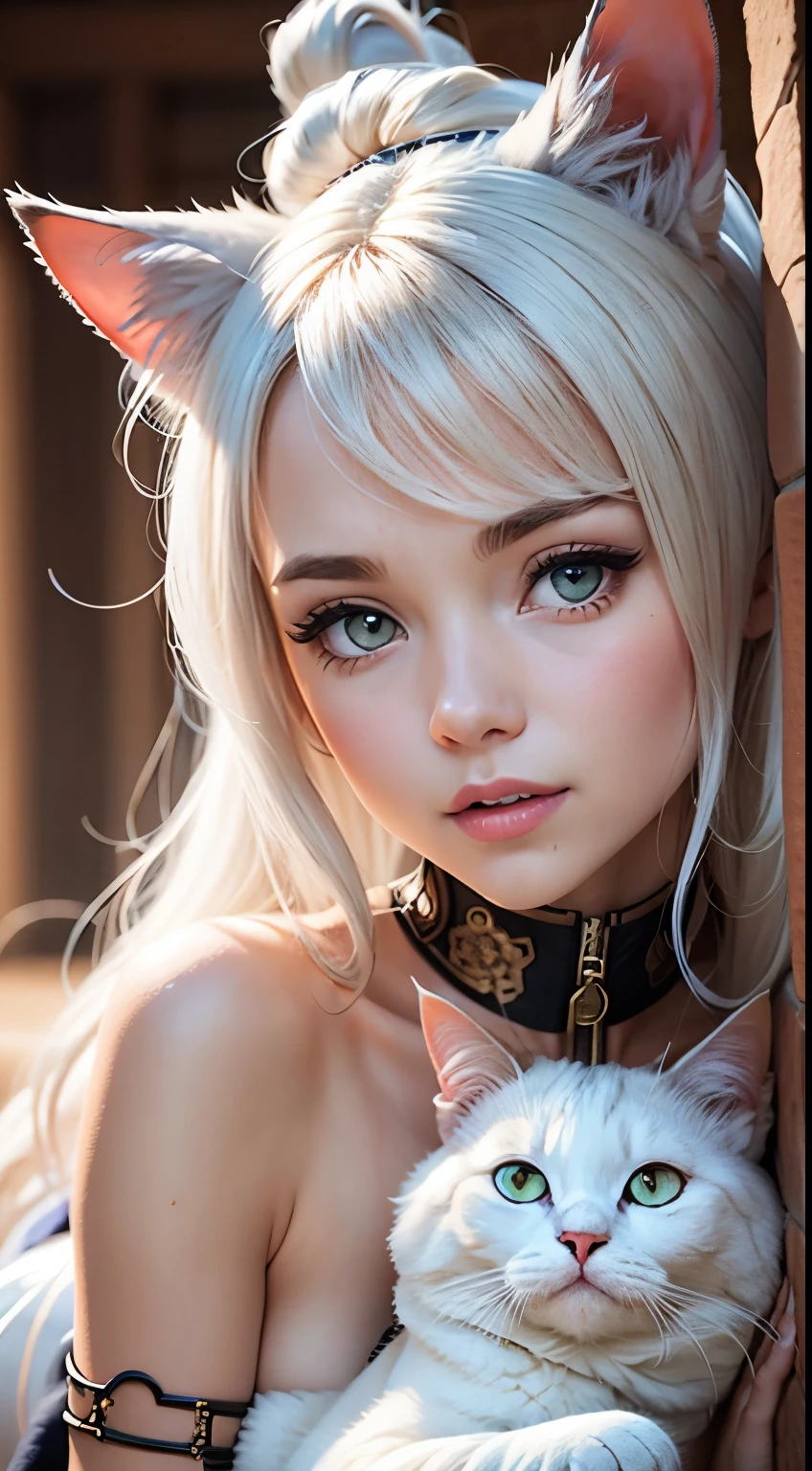 (Masterpice), (HD), (Detailed) ,( piece of art), blonde haired woman in white top and bunny ears posing for camera, very beautiful cute catgirl, beautiful young catgirl, white cat girl, perfect white haired girl, her hair is white, she has a cute face, attractive cat girl, blonde goddess, girl with short white hair, young and cute girl, she has a cute expressive face, amouranth