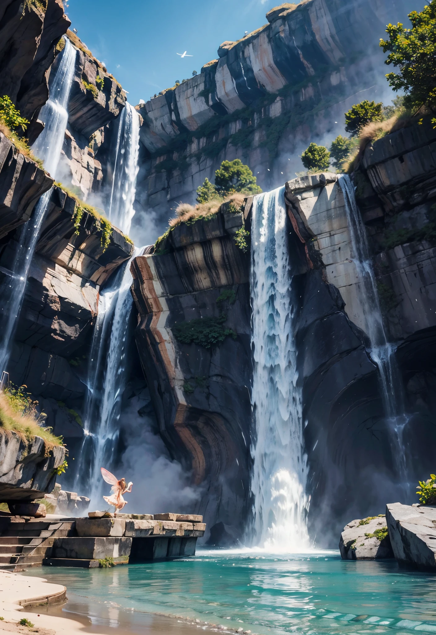 Waterfall conveys the natural fantasy landscape of four adventurers Fairy Green, the golden ratio, Animation details, Exquisite, QuixelMegascans Trends, Perfect image, 超高分辨率, perfect compositions, detailed, Super color, (highdetailskin: 1.2), 8k ultra high definition, SLR camera, gentlesoftlighting, high qulity, filmgrain, XT3