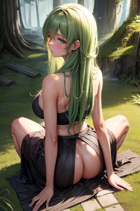 A high resolution, quality,  超quality, the ultra-detailed, lighting like a movie、Bronzed skin、black-skinned、black-skinned、on the floor on all fours、Girl's pubic hair、forest ruins、green color民族服装、Long blonde hair、green color、cleanness，几乎完全cleanness，soaking ...