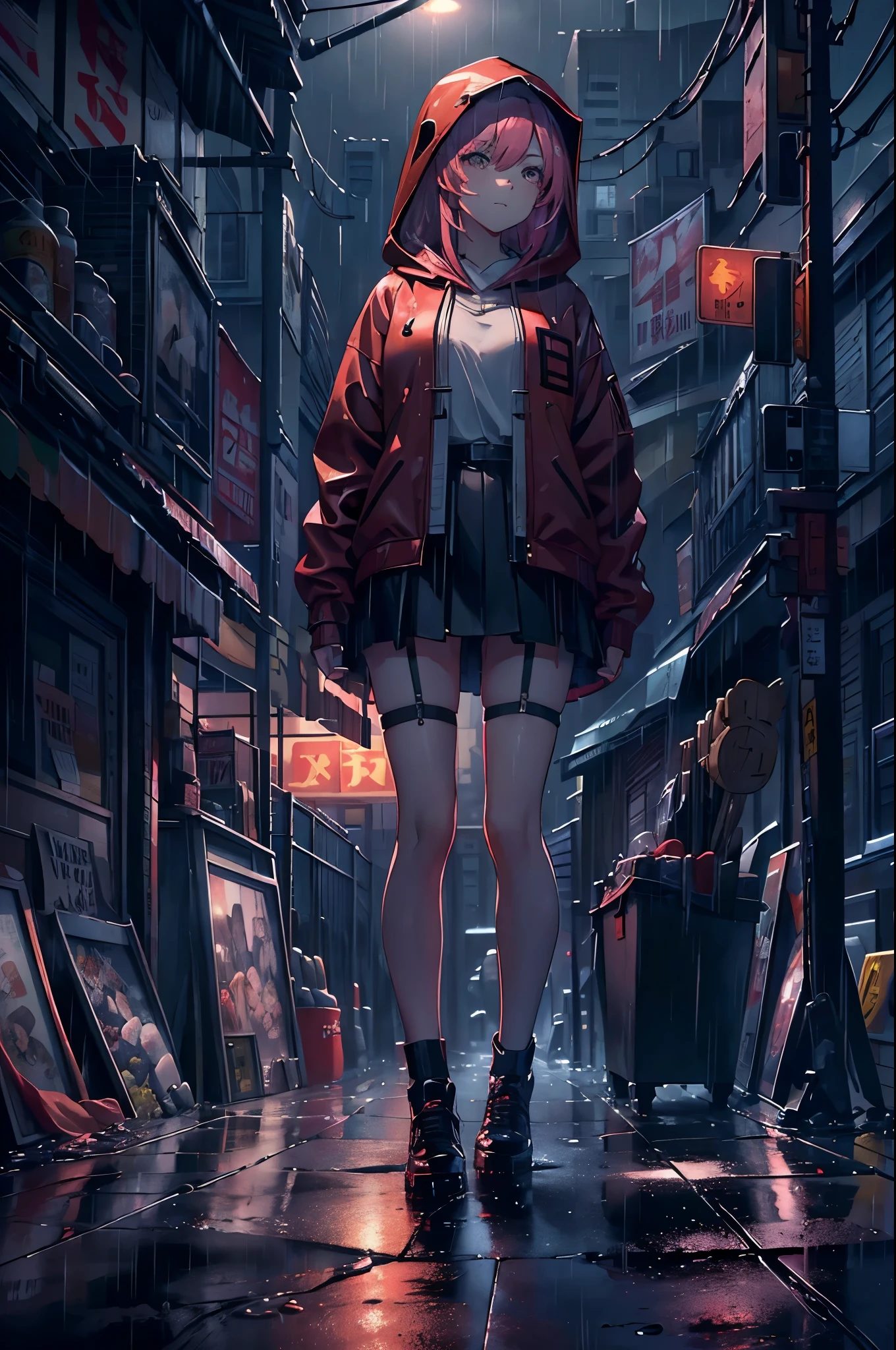 (8K，tmasterpiece，Best quality at best，hyper-detailing，realistically)，Extremely detailed face，电影灯光，Ray traching，unlit hair， on a cloudy street，bright street，Corner store，stair station，Torrential rain and heavy rain，Girl with long pink hair and black eyes，ssmile，She is wearing a red hooded jacket，Put on a hood，White color blouse，Short black skirt and black garter belt，Martin shoes，Clothes soaked by rain，Black exposure，outdoor depth tent ，