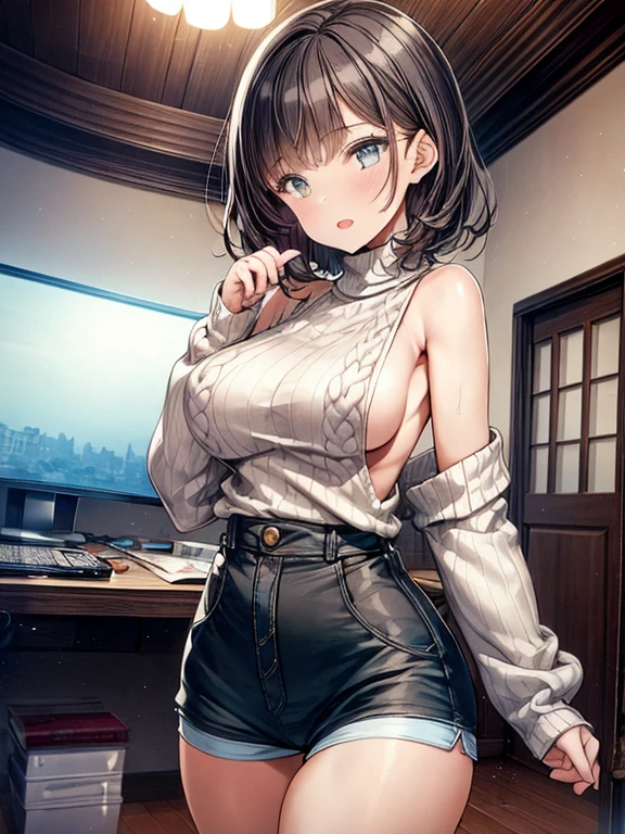 bottom boobs,(masterpiece), best quality, extremely detailed, (watercolor), bloom, delicate and beautiful, illustration, (from below),(1girl:1.4), (solo:1.2), large breasts, (ribbed sweater:1.3), off-shoulder sweater, (short shorts:1.2), bare shoulders, (underboob), ((dark skin:0.8)), beautiful eyes, (disheveled hair ), photography, over-the-shoulder shot, by Alex Maleev, professional, canon camera, nikon camera, sharp, bokeh, studio quality, fisheye lens, by Robert Capa ,