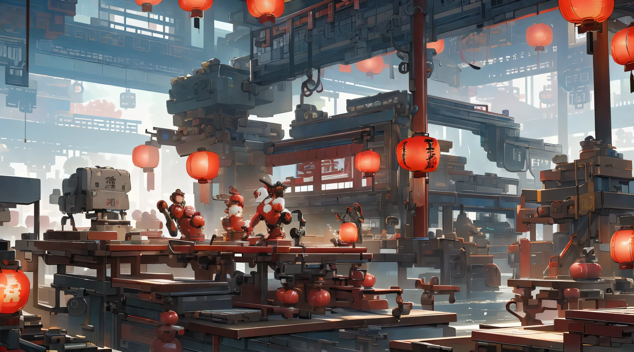 (There are three robotic arms on the machinery workbench:1.5), (background is mechanical technology factory:1.5), (conveyor:1.3), masterpiece, futuristic technology, (plenty of Red lanterns hang on ceiling:1.4),(chinese New Year couplets:1.3), (celebrate a festival), (chinese new year environment), with unparalleled masterpiece, perfect artwork, super detail, best quality, masterpiece 4K wallpaper aesthetics, masterpiece, award-winning artwork, official art