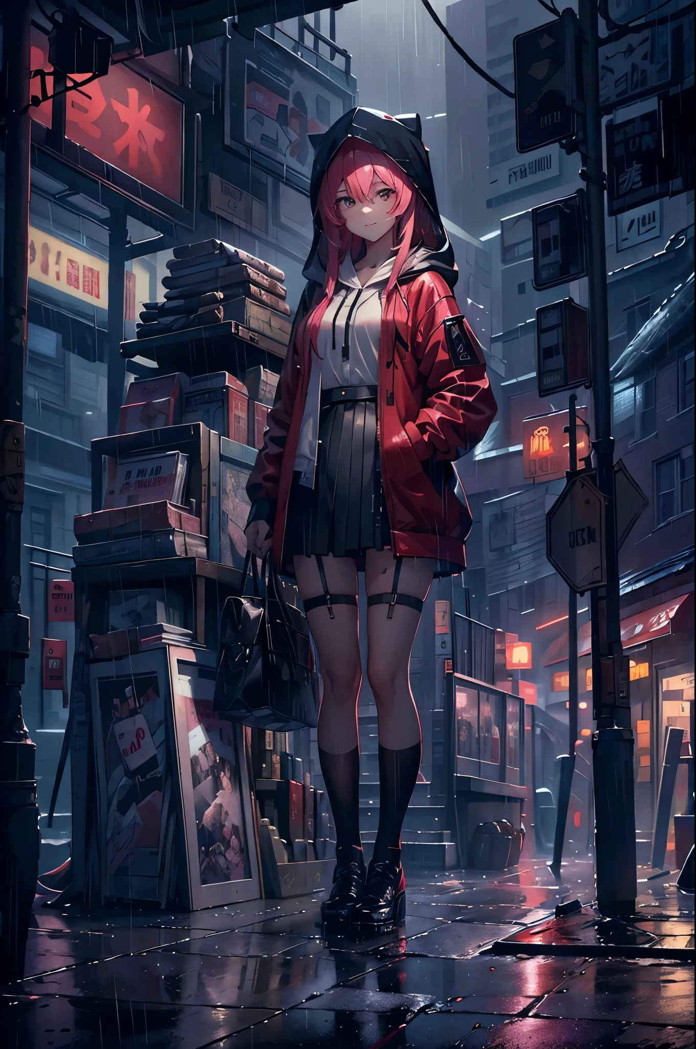 (8K，tmasterpiece，Best quality at best，hyper-detailing，realistically)，Extremely detailed face，电影灯光，Ray traching，unlit hair， on a cloudy street，bright street，Corner store，stair station，Torrential rain and heavy rain，Girl with long pink hair and black eyes，ssmile，She is wearing a red hooded jacket，Put on a hood，White color blouse，Short black skirt and black garter belt，Martin shoes，Clothes soaked by rain，Black exposure，outdoor depth tent ，