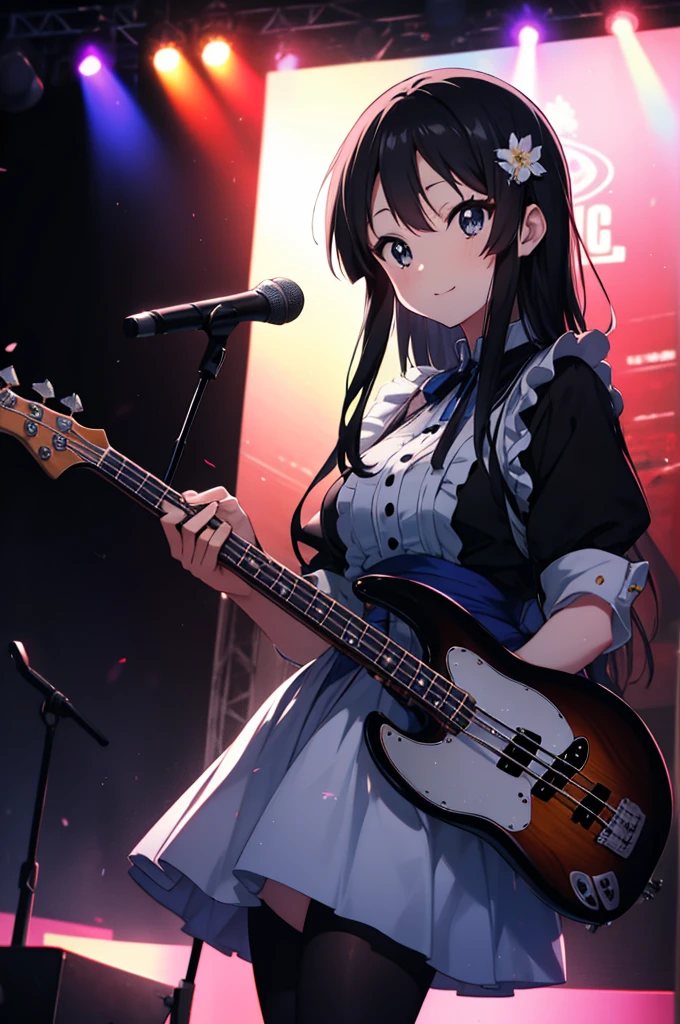 Mount Mimyeong, mio akiyama, (Black eyes:1.5), Black hair, Long hair, Maids，long  skirt，Short boots，left hand base(fender jazz bass)is playing、Rock Band Concert, Musical instrument performance, stageパフォーマンス, hot air,Happy atmosphere、Clip Studio、Illustration of transparency and brightness，closing eye、a smile，stage，On stage，BREAK (masutepiece:1.2), Best Quality, High resolution, Unity 8k壁纸, (Illustration:0.8), (Beautiful detailed eyes:1.6), extra detailed face, Perfect Lighting, extremely details CG, (Perfect hands, Perfect Anatomy),