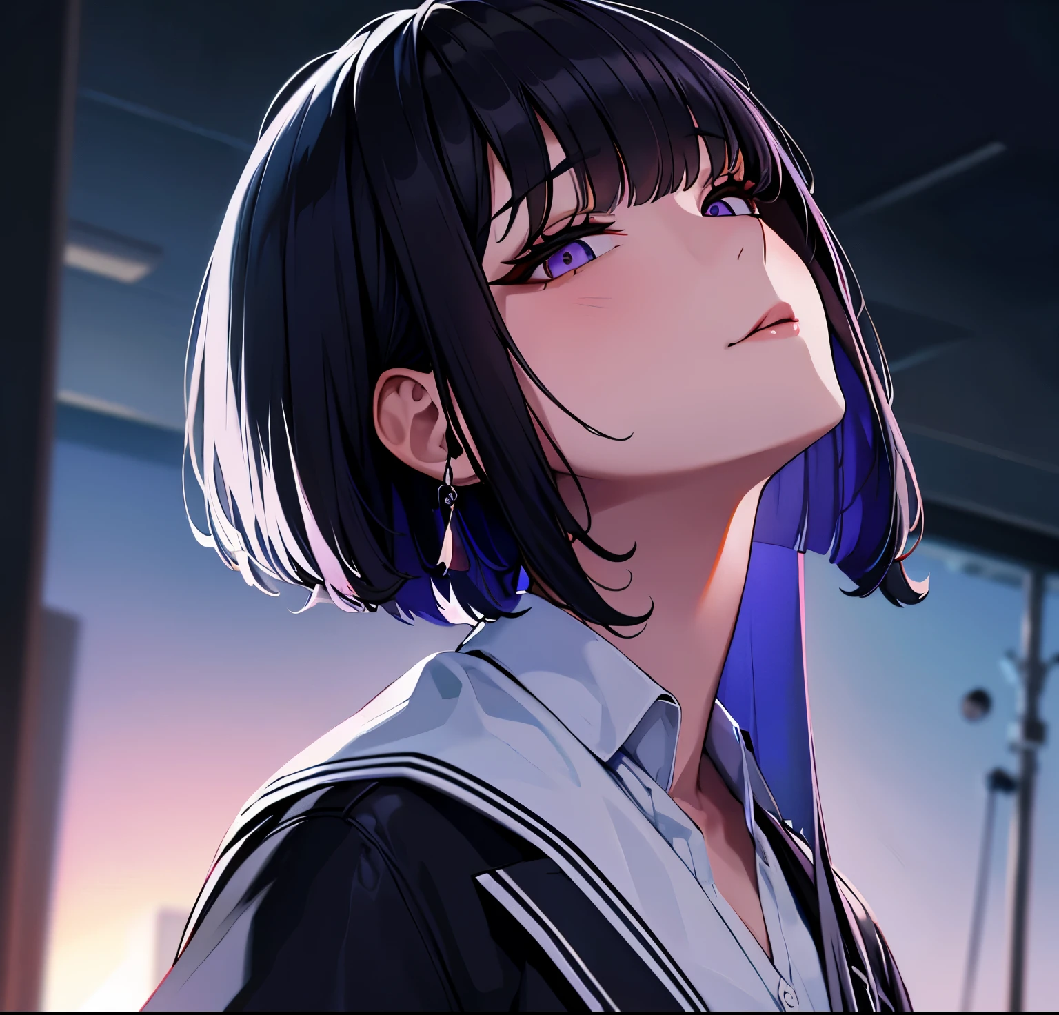 Upper body and head, looking up, attention to woman, definition, perfect woman, solo woman, 24 years old, short hair, parted bangs, lightly twisting the hair next to the ear, hairpin, black hair, beautiful face, crazy, perfect hands ,lavender eyes,uniform,white shirt,black blazer,detailed lighting,school,details,extremely detailed,8K quality,masterpiece,