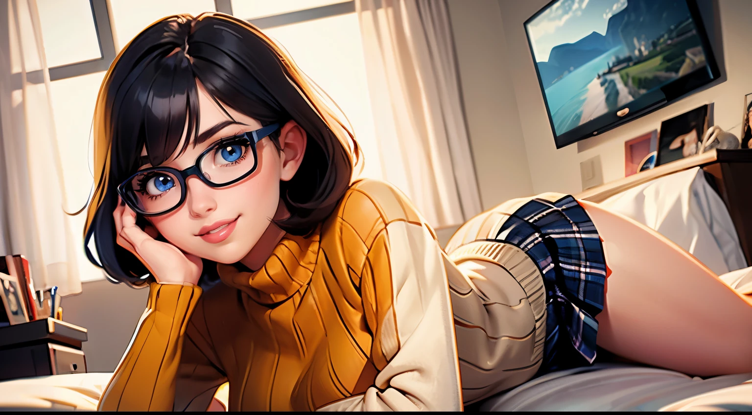 HD, 8k quality, masterpiece, Velma, dream girl huge tits, beautiful face, kissing lips, short bob hairstyle, long bangs, perfect makeup, realistic face, detailed eyes, blue eyes, brunette hair, eyelashes, smile grin, bedroom, lying on bed, showing cameltoe, eyes at viewer, orange knitted turtleneck sweater, clear lens glasses, red school girl skirt, view from below,