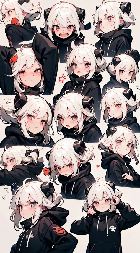white hair, oversized hoodie,  cyber daemon, loli, cyberpunk, horns, 9 emojis，Emoji pad.，Align arrangement，A variety of gestures and expressions（Grieving，astonishment，having fun，Exhilarating，big laughter，Touch your head, wait），Anthropomorphic style，disney ...