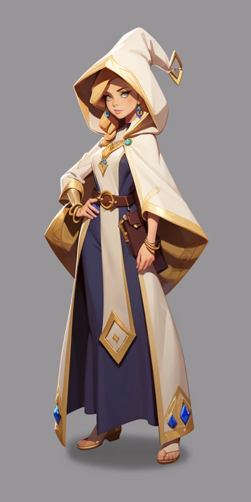 mstoconcept art, european and american cartoons, game character design, solo, 1girl, MAGICIAN, FEMALE FOCUS, GRAY BACKGROUND, WIZARD, FULL BODY, STANDING, HOOD, ROBE, MILF, JEWELRY, LONG BLONDE HAIR, BRACELET, WIDE SLEEVES, WOMAN, BELT, GEMSTONE, LONG SLEEVES, FEMALE VERSION