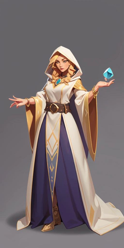 mstoconcept art, european and american cartoons, game character design, solo, 1girl, MAGICIAN, FEMALE FOCUS, GRAY BACKGROUND, WIZARD, FULL BODY, STANDING, HOOD, ROBE, MILF, JEWELRY, LONG BLONDE HAIR, BRACELET, WIDE SLEEVES, WOMAN, BELT, GEMSTONE, LONG SLEEVES, FEMALE VERSION