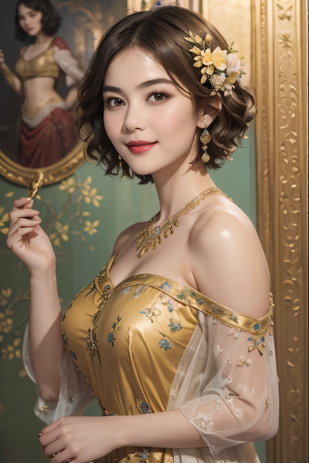 141
(a 20 yo woman,in the palace), (A hyper-realistic), (high-level image quality), ((beautiful hairstyle 46)), ((short-hair:1.46)), (kindly smile), (breasted:1.1), (lipsticks), (is wearing dress), (murky,wide,Luxurious room), (florals), (an oil painting、Rembrandt)