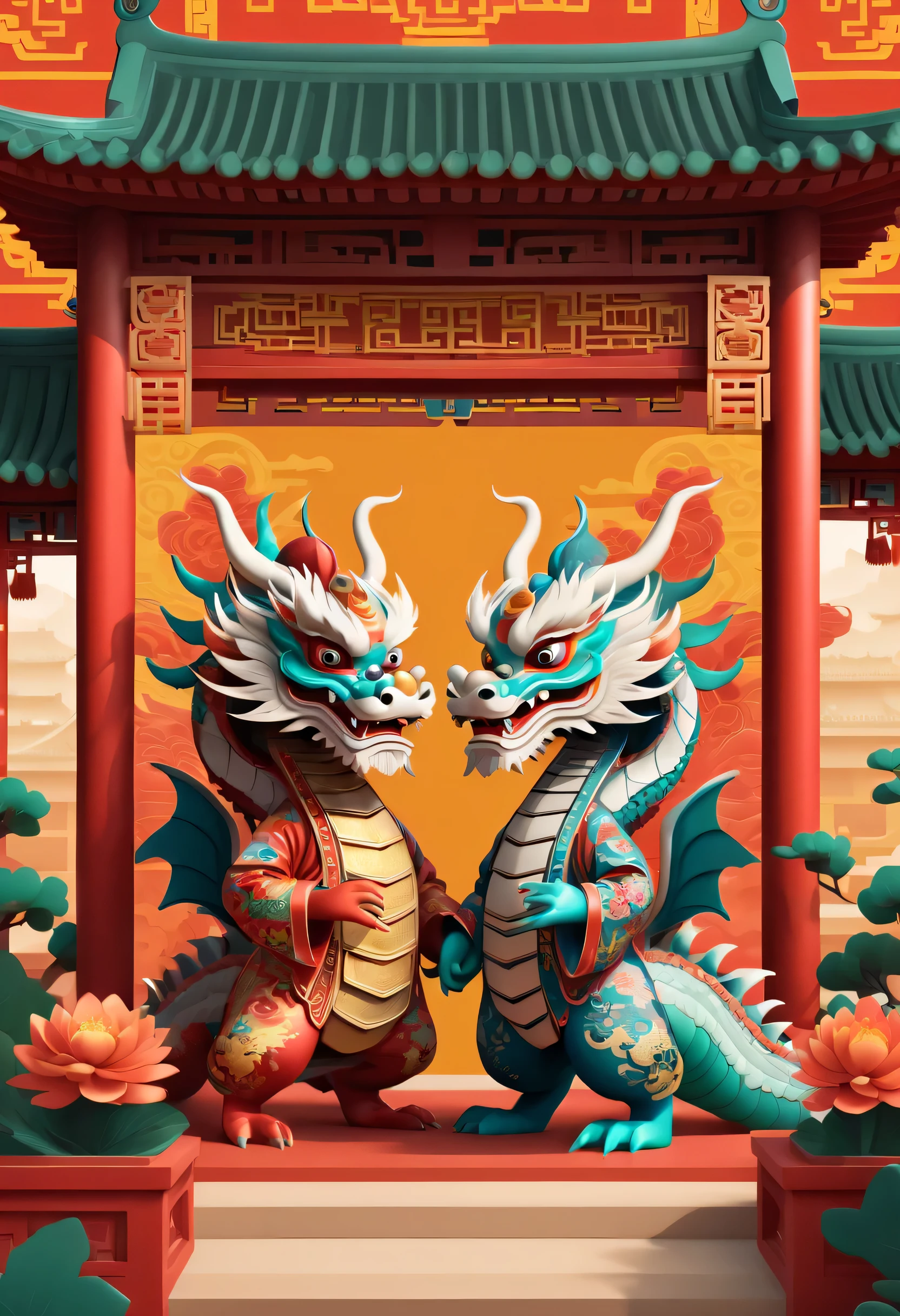 Create graphic style illustrations using symbolic planes and flat color blocks. Two super cute Chinese dragons are depicted against the background of a Chinese opera stage and traditional Chinese architecture. Incorporate symmetrical geometric patterns, Ruyi pattern, and Chinese clothing elements, Includes headdress pattern. Render illustrations in Maya style, Inspired by folk art flower arrangements. Use vibrant color combinations, masks, and totem. Make sure you have a white background, Beautiful borders, Clear silhouette, and emphasize folk themes.