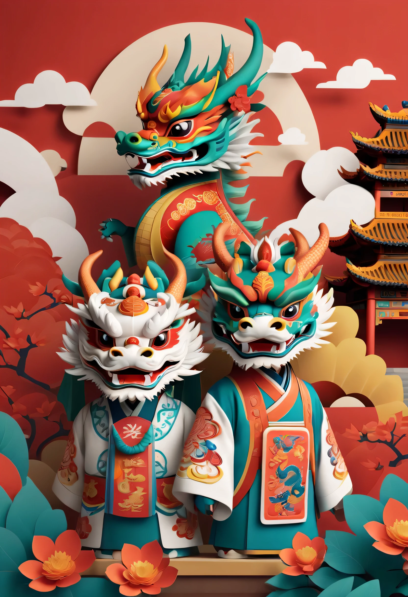 Create graphic style illustrations using symbolic planes and flat color blocks. Two super cute Chinese dragons are depicted against the background of a Chinese opera stage and traditional Chinese architecture. Incorporate symmetrical geometric patterns, Ruyi pattern, and Chinese clothing elements, Includes headdress pattern. Render illustrations in Maya style, Inspired by folk art flower arrangements. Use vibrant color combinations, masks, and totem. Make sure you have a white background, Beautiful borders, Clear silhouette, and emphasize folk themes.