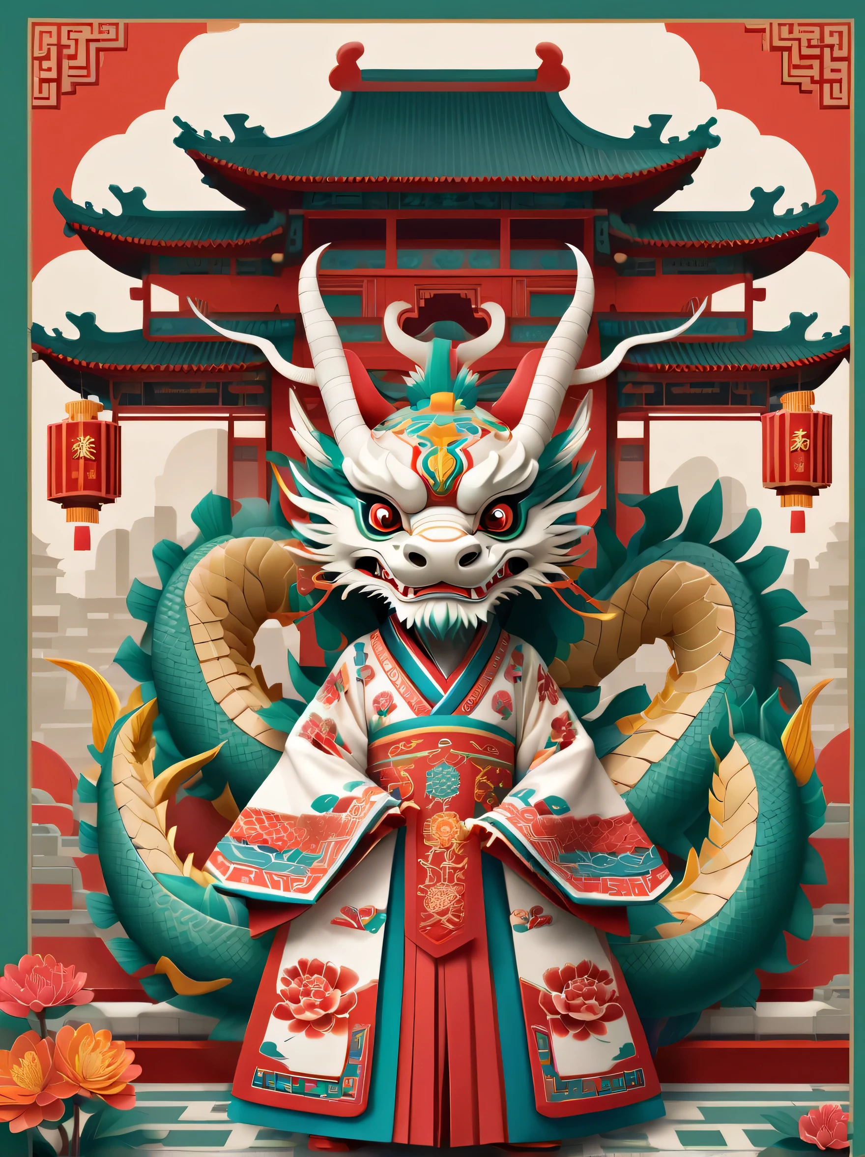 Create graphic style illustrations using symbolic planes and flat color blocks. Two super cute Chinese dragons are depicted against the background of a Chinese opera stage and traditional Chinese architecture. Incorporate symmetrical geometric patterns, Ruyi pattern, and Chinese clothing elements, Includes headdress pattern. Render illustrations in Maya style, Inspired by folk art flower arrangements. Use vibrant color combinations, masks, and totem. Make sure you have a white background, Beautiful borders, Clear silhouette, and emphasize folk themes.