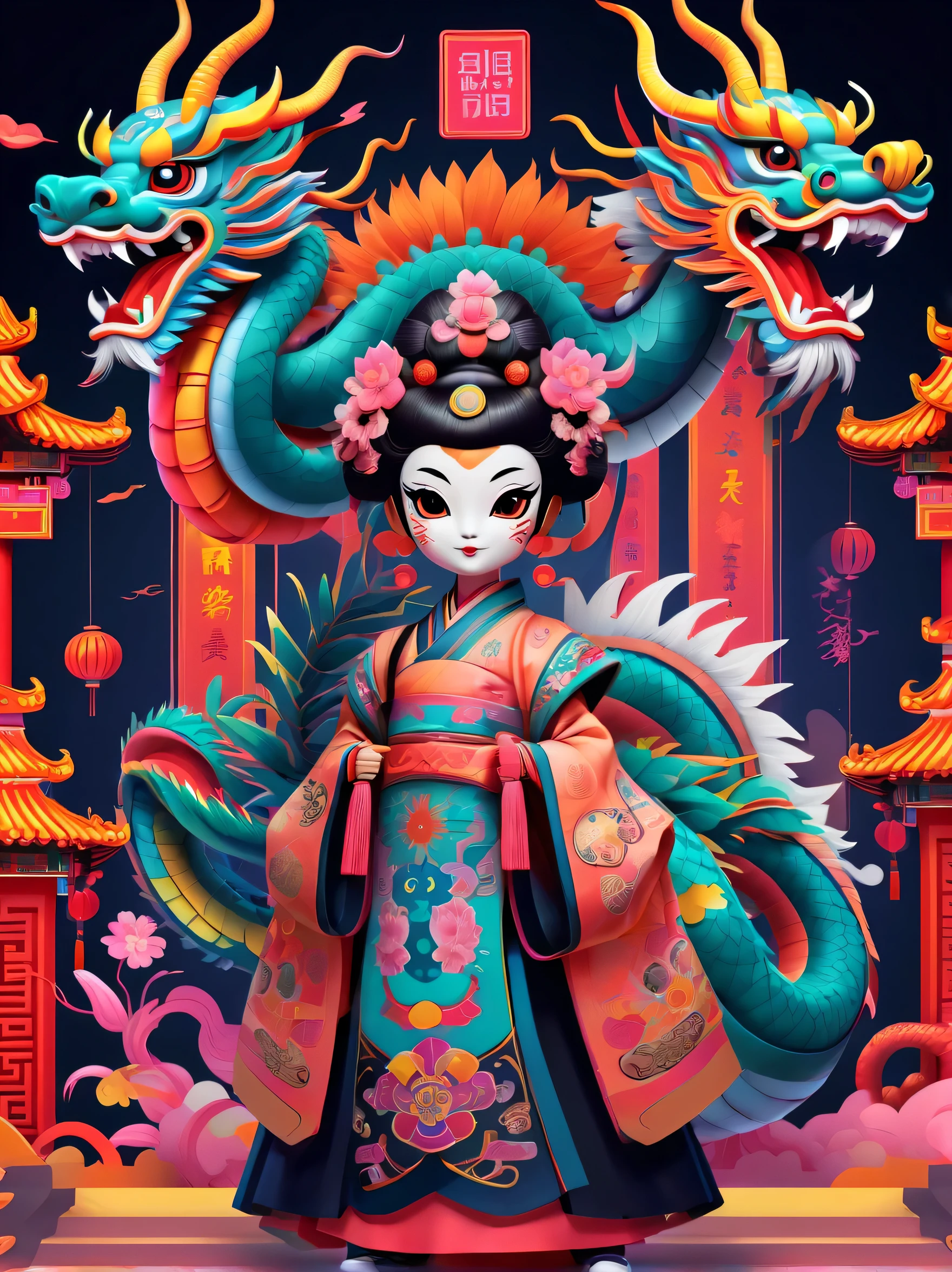 cyber punk personage，cyber punk personage风格新年，a happy new year，neonlight，Create graphic style illustrations using symbolic planes and flat color blocks. Two super cute Chinese dragons are depicted against the background of a Chinese opera stage and traditional Chinese architecture. Incorporate symmetrical geometric patterns, Ruyi pattern, and Chinese clothing elements, Includes headdress pattern. Render illustrations in Maya style, Inspired by folk art flower arrangements. Use vibrant color combinations, masks, and totem. Make sure you have a white background, Beautiful borders, Clear silhouette, and emphasize folk themes.