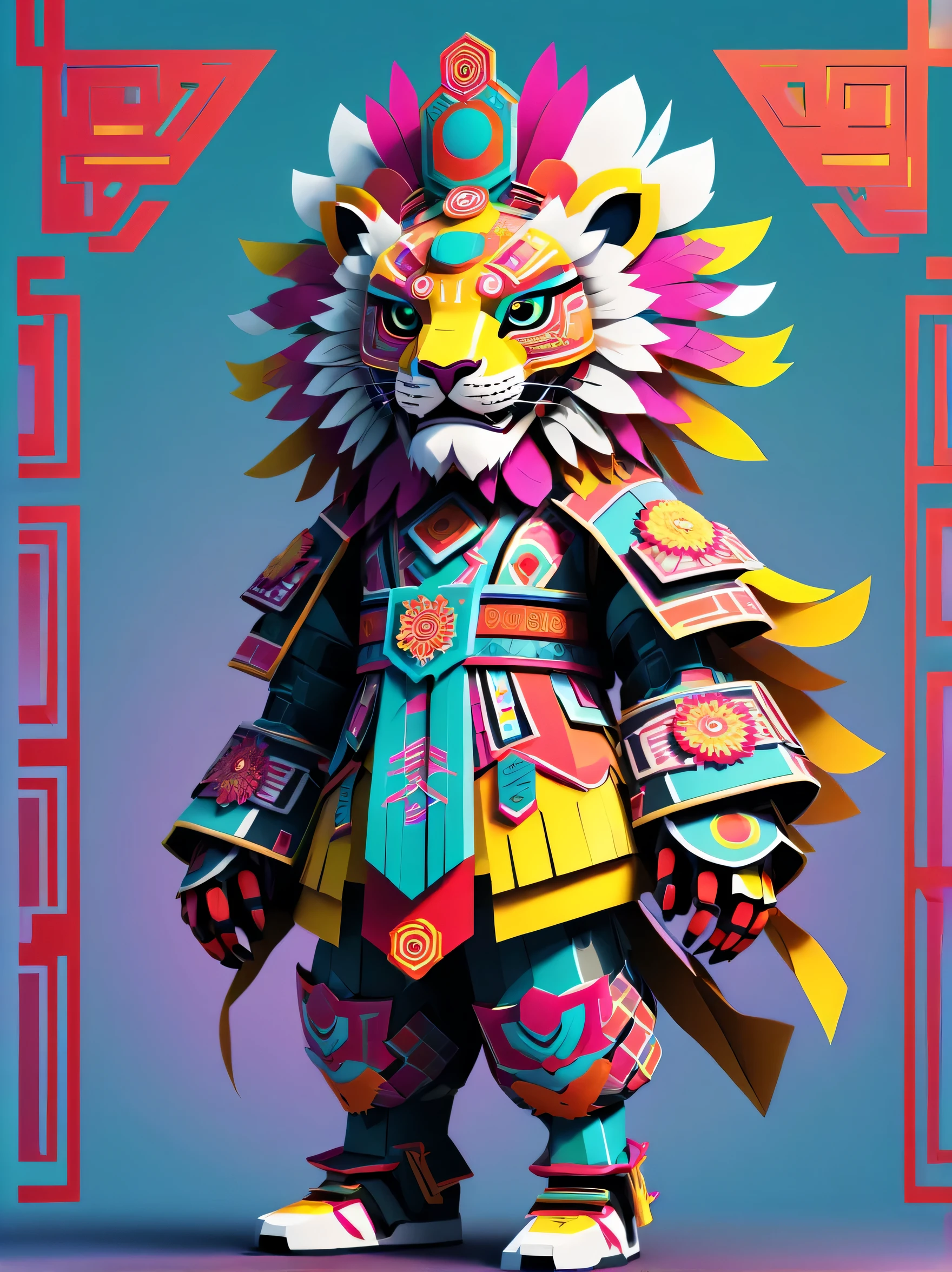 cyber punk personage，cyber punk personage风格新年，a happy new year，neonlight，Create graphic style illustrations using symbolic planes and flat color blocks. Two super cute Chinese dragons are depicted against the background of a Chinese opera stage and traditional Chinese architecture. Incorporate symmetrical geometric patterns, Ruyi pattern, and Chinese clothing elements, Includes headdress pattern. Render illustrations in Maya style, Inspired by folk art flower arrangements. Use vibrant color combinations, masks, and totem. Make sure you have a white background, Beautiful borders, Clear silhouette, and emphasize folk themes.