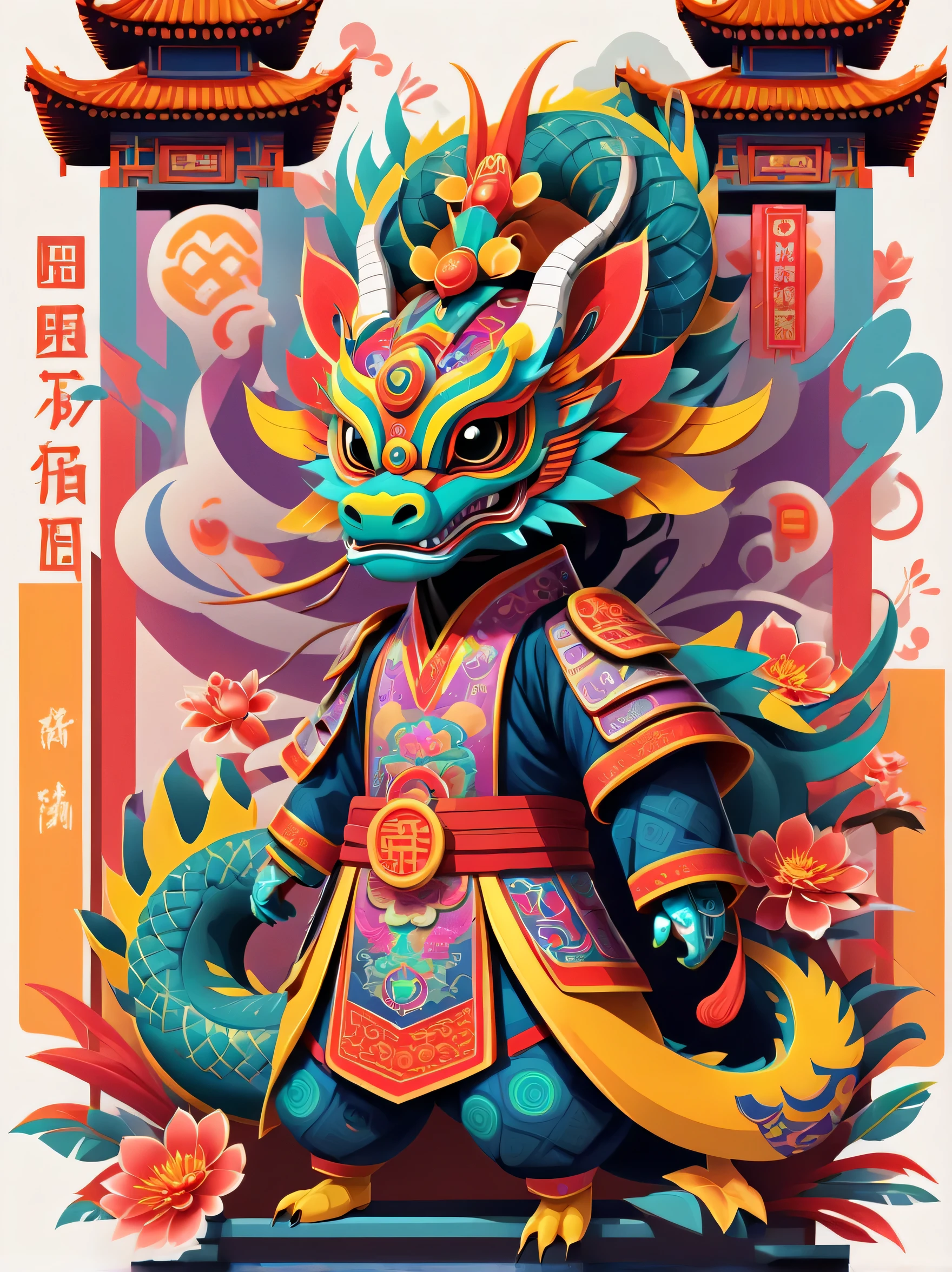 cyber punk personage，cyber punk personage风格新年，a happy new year，neonlight，Create graphic style illustrations using symbolic planes and flat color blocks. Two super cute Chinese dragons are depicted against the background of a Chinese opera stage and traditional Chinese architecture. Incorporate symmetrical geometric patterns, Ruyi pattern, and Chinese clothing elements, Includes headdress pattern. Render illustrations in Maya style, Inspired by folk art flower arrangements. Use vibrant color combinations, masks, and totem. Make sure you have a white background, Beautiful borders, Clear silhouette, and emphasize folk themes.