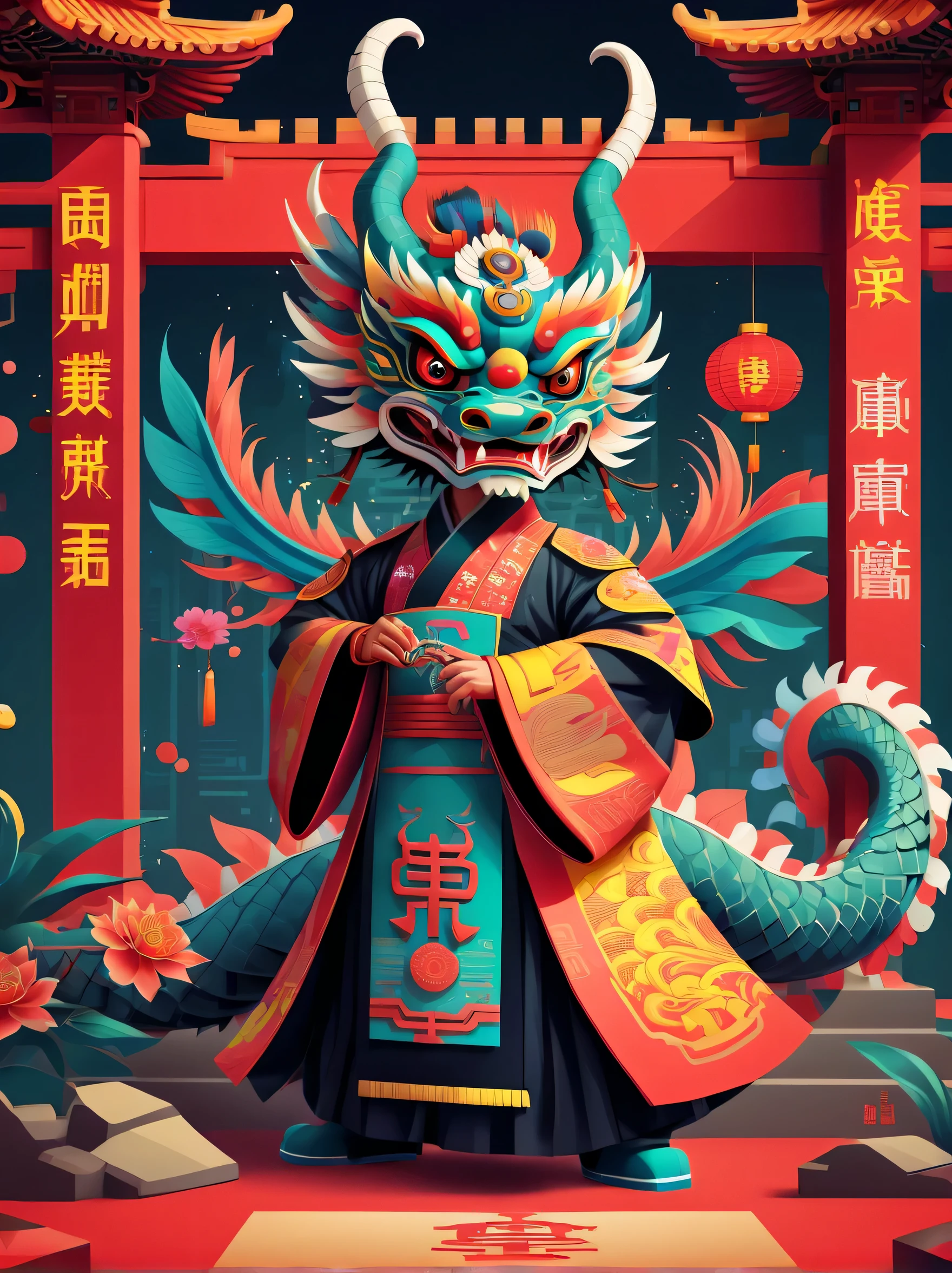 cyber punk personage，cyber punk personage风格新年，a happy new year，neonlight，Create graphic style illustrations using symbolic planes and flat color blocks. Two super cute Chinese dragons are depicted against the background of a Chinese opera stage and traditional Chinese architecture. Incorporate symmetrical geometric patterns, Ruyi pattern, and Chinese clothing elements, Includes headdress pattern. Render illustrations in Maya style, Inspired by folk art flower arrangements. Use vibrant color combinations, masks, and totem. Make sure you have a white background, Beautiful borders, Clear silhouette, and emphasize folk themes.