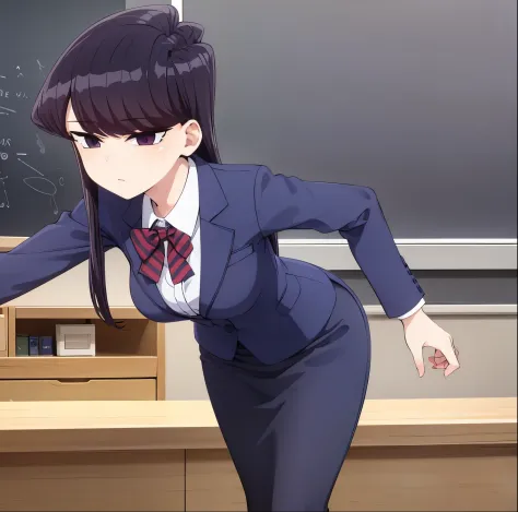 pixel-Komi-Shouko, from front , masterpiece, best quality , 1girl, alone,suit, office lady, pencil skirt, office desk, Good hands, good anatomy