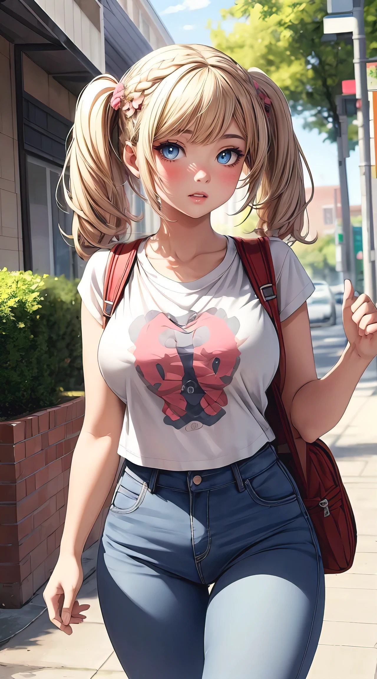 (masterpiece, best quality), perfect slim fit body, thick thighs, nice breasts, braided twintails, printed sleeveless cropped t-shirt, jeans, backpack, big gorgeous eyes, parted lips, blush, walking pose, college compound, natural lighting