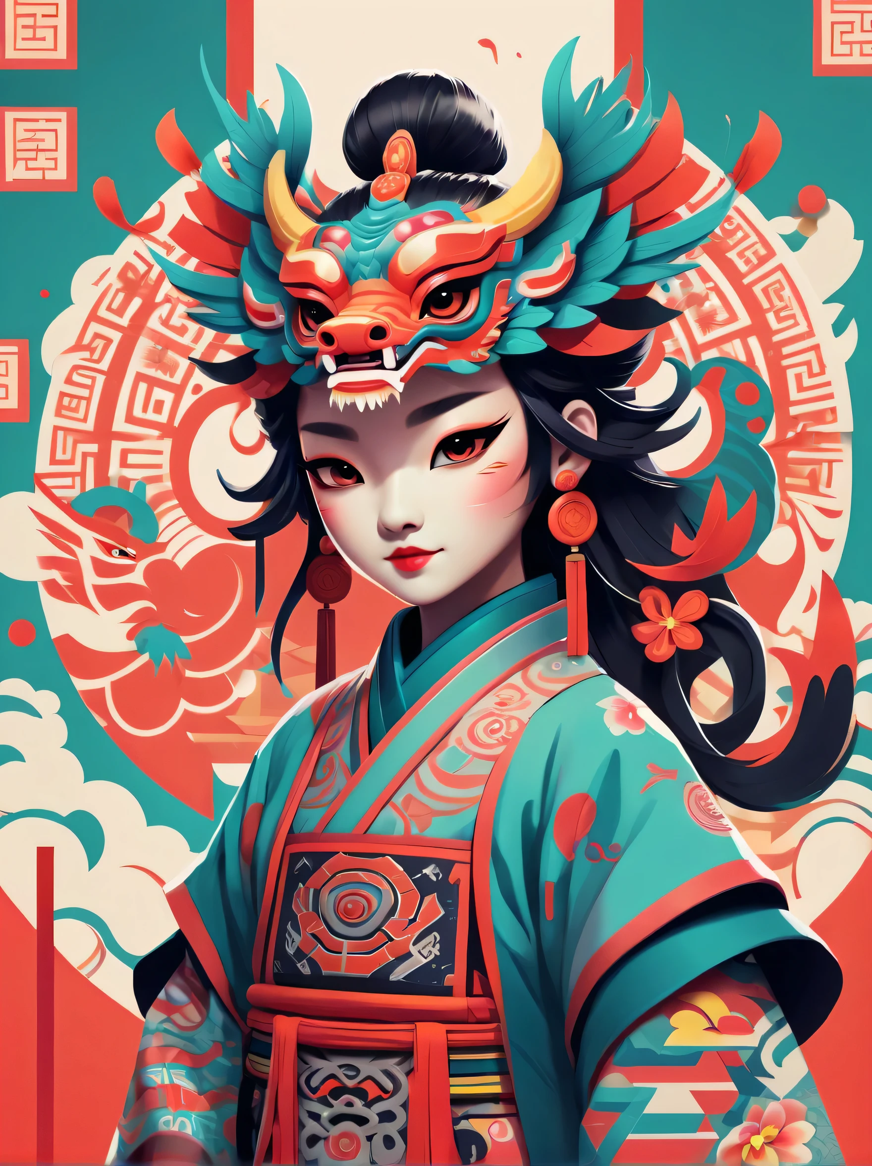 cyber punk personage，cyber punk personage风格新年，a happy new year，neonlight，Create graphic style illustrations using symbolic planes and flat color blocks. Two super cute Chinese dragons are depicted against the background of a Chinese opera stage and traditional Chinese architecture. Incorporate symmetrical geometric patterns, Ruyi pattern, and Chinese clothing elements, Includes headdress pattern. Render illustrations in Maya style, Inspired by folk art flower arrangements. Use vibrant color combinations, masks, and totem. Make sure you have a white background, Beautiful borders, Clear silhouette, and emphasize folk themes.