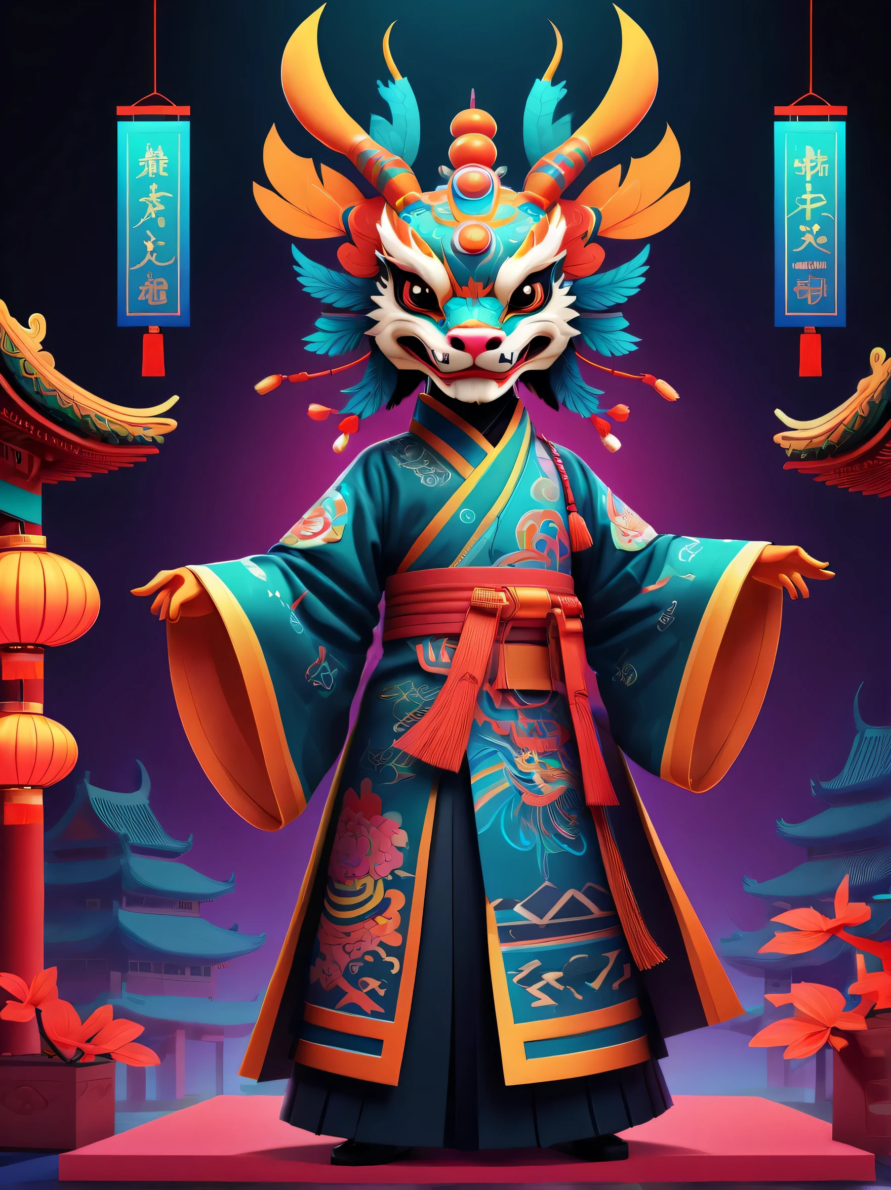 cyber punk personage，cyber punk personage风格新年，a happy new year，neonlight，Create graphic style illustrations using symbolic planes and flat color blocks. Two super cute Chinese dragons are depicted against the background of a Chinese opera stage and traditional Chinese architecture. Incorporate symmetrical geometric patterns, Ruyi pattern, and Chinese clothing elements, Includes headdress pattern. Render illustrations in Maya style, Inspired by folk art flower arrangements. Use vibrant color combinations, masks, and totem. Make sure you have a white background, Beautiful borders, Clear silhouette, and emphasize folk themes.