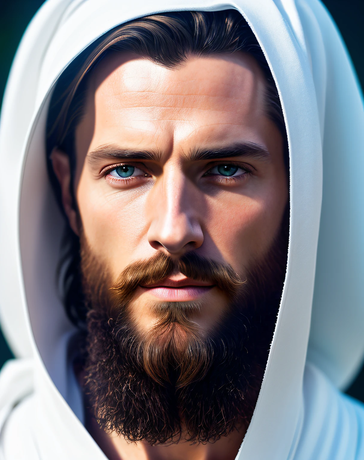 (symmetry),centered,a ((close)) up portrait,(Jesus),a very thin white man with long hair and a beard,wearing a long white robe,35mm,natural skin,clothes  detail, 8k texture, 8k, insane details, intricate details, hyperdetailedhighly detailed,realistic,soft cinematic light,HDR,sharp focus, ((((cinematic look)))),intricate, elegant, highly detailed