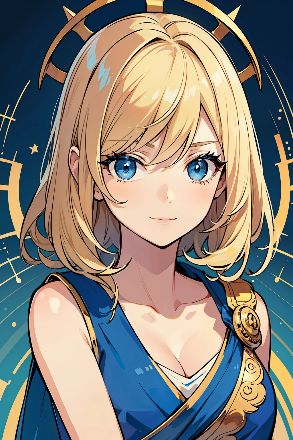 (high-quality, breathtaking),(expressive eyes, perfect face) 1girl, girl, solo, young adult, blonde hair, blue coloured eyes, stylised hair, gentle smile, medium length hair, loose hair, side bangs, curley hair, really spiky hair, spiked up hair, looking at viewer, portrait, ancient greek clothes, blue black and white tunic, white Chlamys, sleeveless, greek, blue and gold sash, music inspired background, related to Orpheus, C cup size breasts