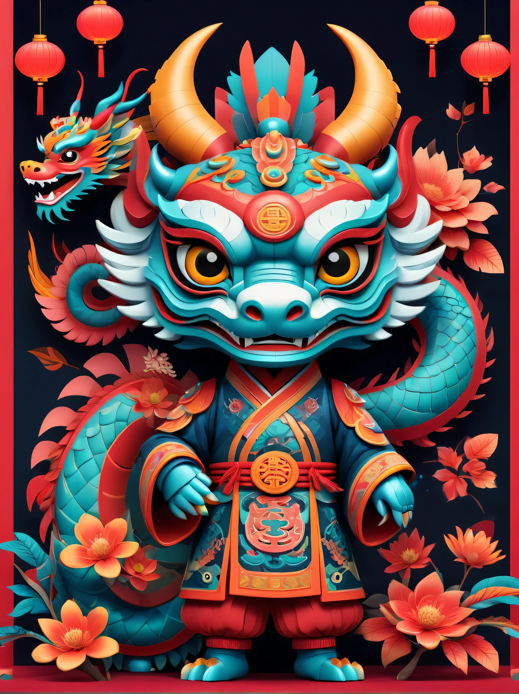 cyber punk personage，cyber punk personage风格新年，a happy new year，neonlight，Create graphic style illustrations using symbolic planes and flat color blocks. Two super cute Chinese dragons are depicted against the background of a Chinese opera stage and traditional Chinese architecture. Incorporate symmetrical geometric patterns, Ruyi pattern, and Chinese clothing elements, Includes headdress pattern. Render illustrations in Maya style, Inspired by folk art flower arrangements. Use vibrant color combinations, masks, and totem. Make sure you have a white background, Beautiful borders, Clear silhouette, and emphasize folk themes.