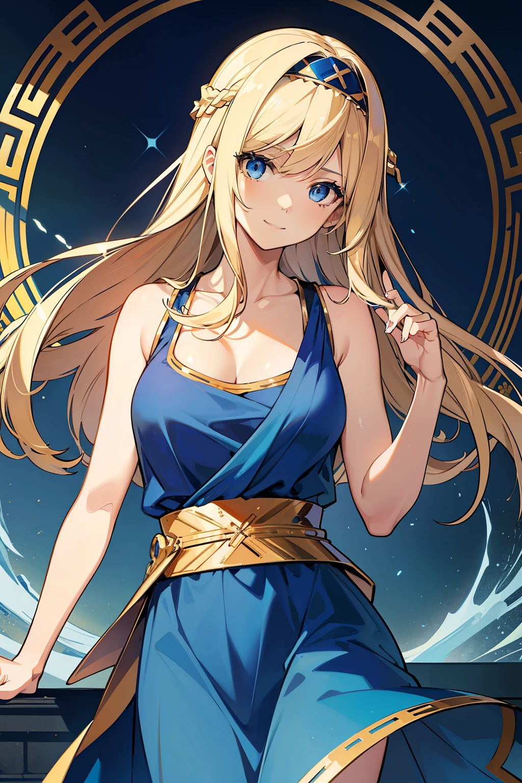 (high-quality, breathtaking),(expressive eyes, perfect face) 1girl, girl, solo, young adult, blonde hair, blue coloured eyes, stylised hair, gentle smile, medium length hair, loose hair, side bangs, curley hair, really spiky hair, looking at viewer, portrait, ancient greek clothes, blue black and white tunic, white Chlamys, sleeveless, greek, blue and gold sash, music inspired background, related to Orpheus, C cup size breasts, hair accessory blue