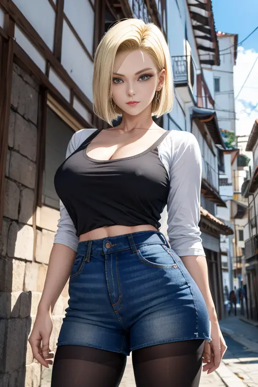 melhor qualidade, highres, and18, 1girl, android 18, solo, cabelo loiro, olhos azuis, cabelo curto, brincos, joias, colete jeans...