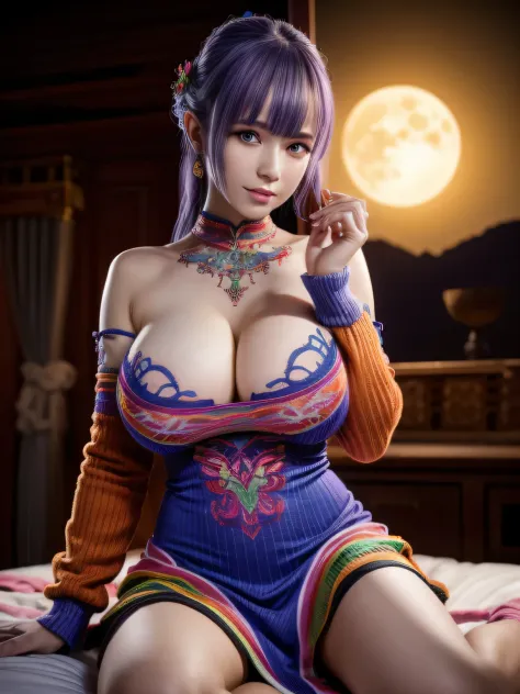 bird's eyes view,1 girl,Vampires, Dachengjian, fiona,Vibrant rainbow color scheme art; Su embroidery craft; knitted sweater ripped dress,jewely,(fashionably_Tattooed with:1),during night, full_themoon, As estrelas, (gigantic cleavage breasts),(tmasterpiece...