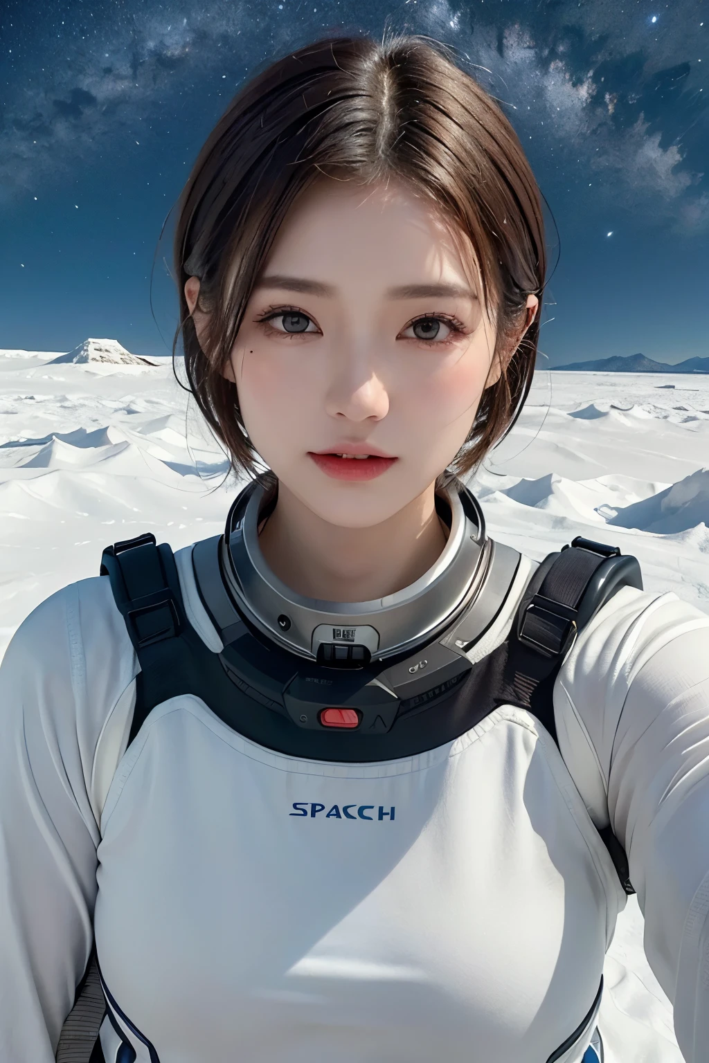 top-quality、​masterpiece、超A high resolution、(realisitic:1.4)、Beautuful Women１、Beautiful detail eyes and skin、ssmile、Light brown short-cut hair、The perfect spacesuit、spaceships、cloudy ash sky、Snow World、