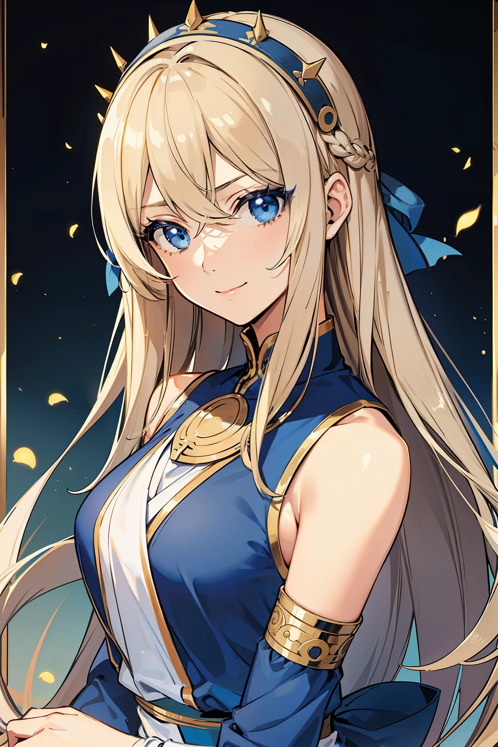 (high-quality, breathtaking),(expressive eyes, perfect face) 1girl, girl, solo, adult, blonde hair, blue coloured eyes, stylised hair, gentle smile, medium length hair, loose hair, side bangs, curley hair, really spiky hair, looking at viewer, portrait, ancient greek clothes, blue black and white tunic, white Chlamys, sleeveless, greek, blue and gold sash, music inspired background, related to Orpheus, C cup size breasts, hair accessory blue