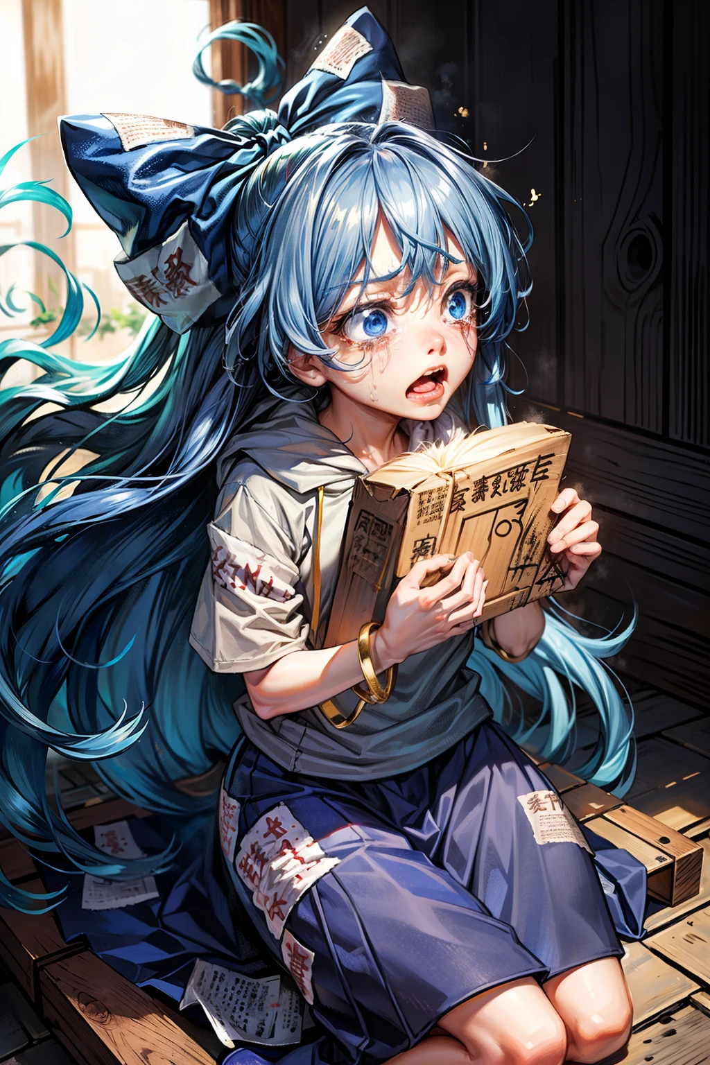 (masterpiece, top quality, best quality, beautiful and aesthetic:1.2), yorigami shion,1girl, very long hair, absurdly long hair, blue hair, blue eyes,hair bow,hoodie,short sleeves, debt, bracelet,blue skirt, stuffed cat,damaged, shaded face, japanese architecture, surprised, :o, beam, laser, glaring body, open box, box, open mouth, jaw drop, wide-eyed, panicking, horrified, screaming, sobbing, traumatized, turn pale, wavy mouth, glowing, glow, outer glow,