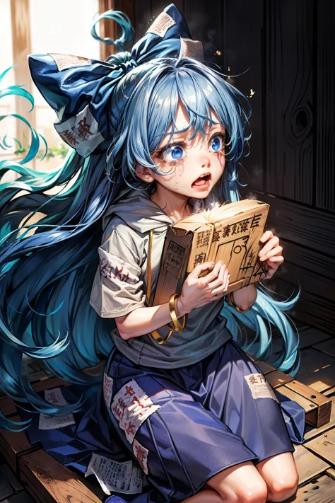 (masterpiece, top quality, best quality, beautiful and aesthetic:1.2), yorigami shion,1girl, very long hair, absurdly long hair, blue hair, blue eyes,hair bow,hoodie,short sleeves, debt, bracelet,blue skirt, stuffed cat,damaged, shaded face, japanese archi...